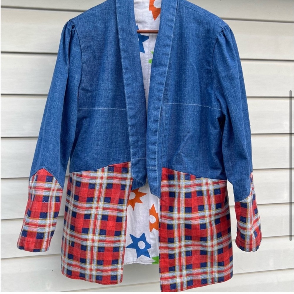 Denim & Red Plaid Open Front Women's Jacket - Picture 9 of 16